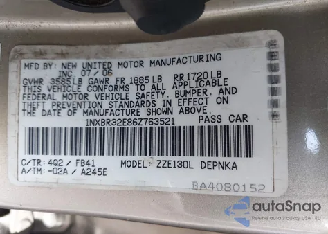 2006 Toyota Corolla Le from USA, damaged, VIN 1NXBR32E86Z763521